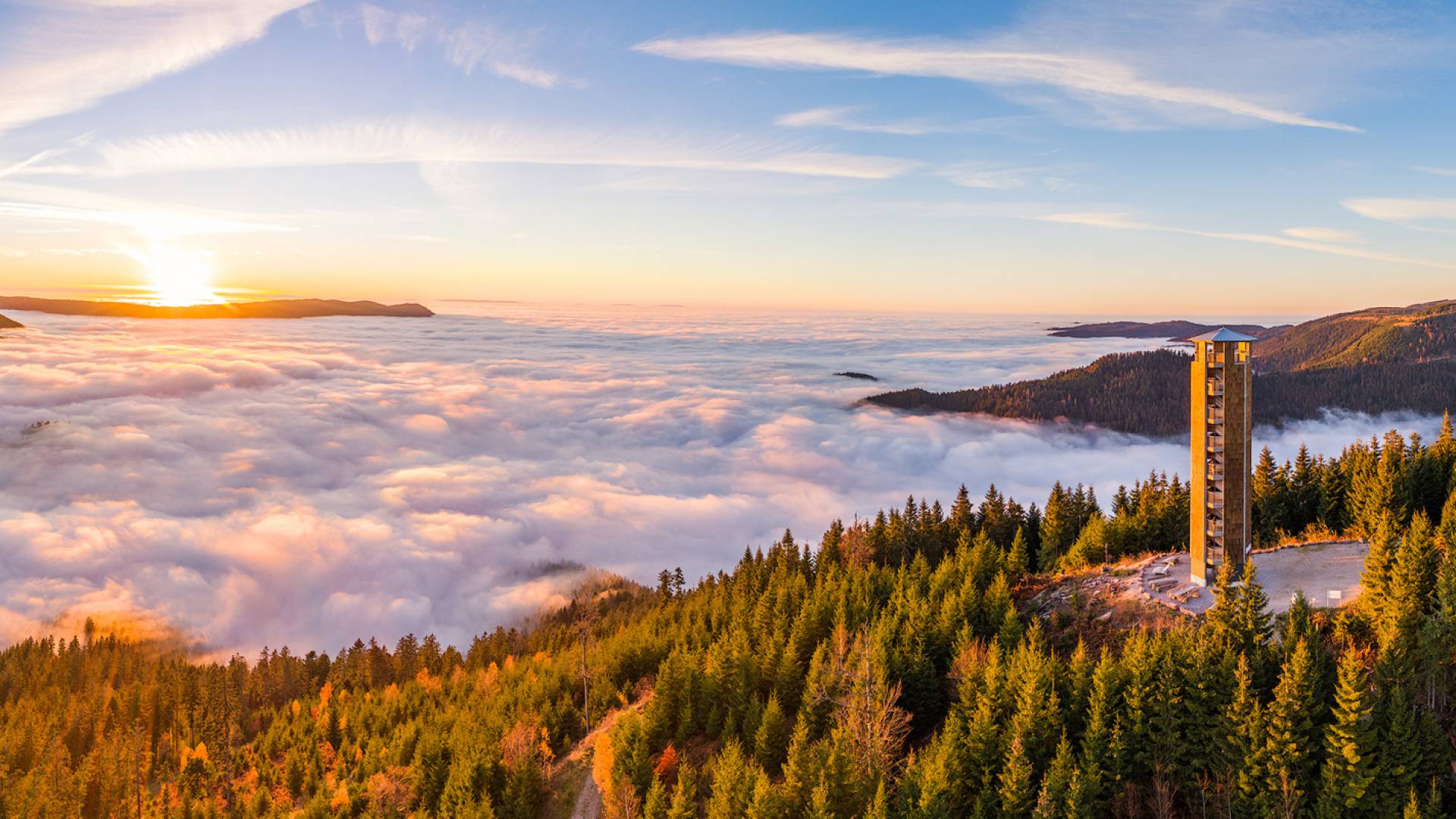 Aussichtsturm auf Nebelbedeckten Schwarzwald